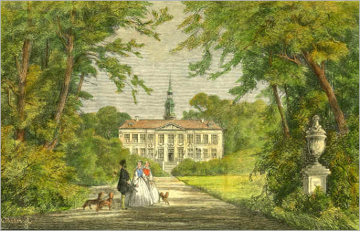 Das Wandsbeker Schloss wurde, obwohl es baulich in einem guten Zustand war, 1861 abgerissen. Kolorierte Zeichnung von A. Mosengel